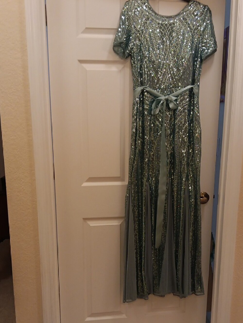 Sparkling Light Turqoise Beaded Evening Gown with Sash Size 12 - Picture 5 of 14
